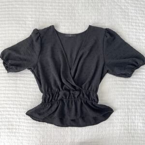 21 Saints Swiss Dot V-Neck Peplum Puff Sleeve Cropped Blouse in Black Size XS